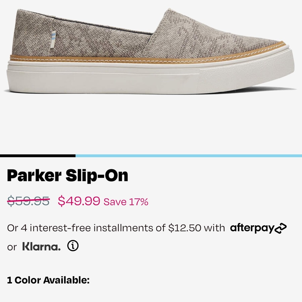 New in Box Toms Parker in Cobblestone Snake Printed Twill- 8.5